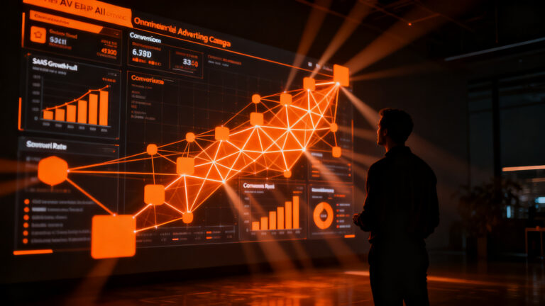 Founder analizando métricas de conversión de ChatGPT Ads para crecimiento SaaS, visualizando datos en un entorno digital oscuro y naranja.