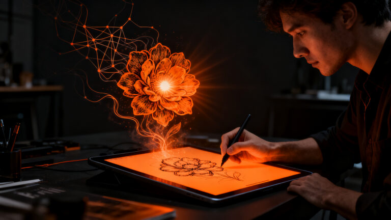 Diseñador usando ChatGPT Images 2.5 para convertir un boceto manual en una imagen de IA de alta precisión.