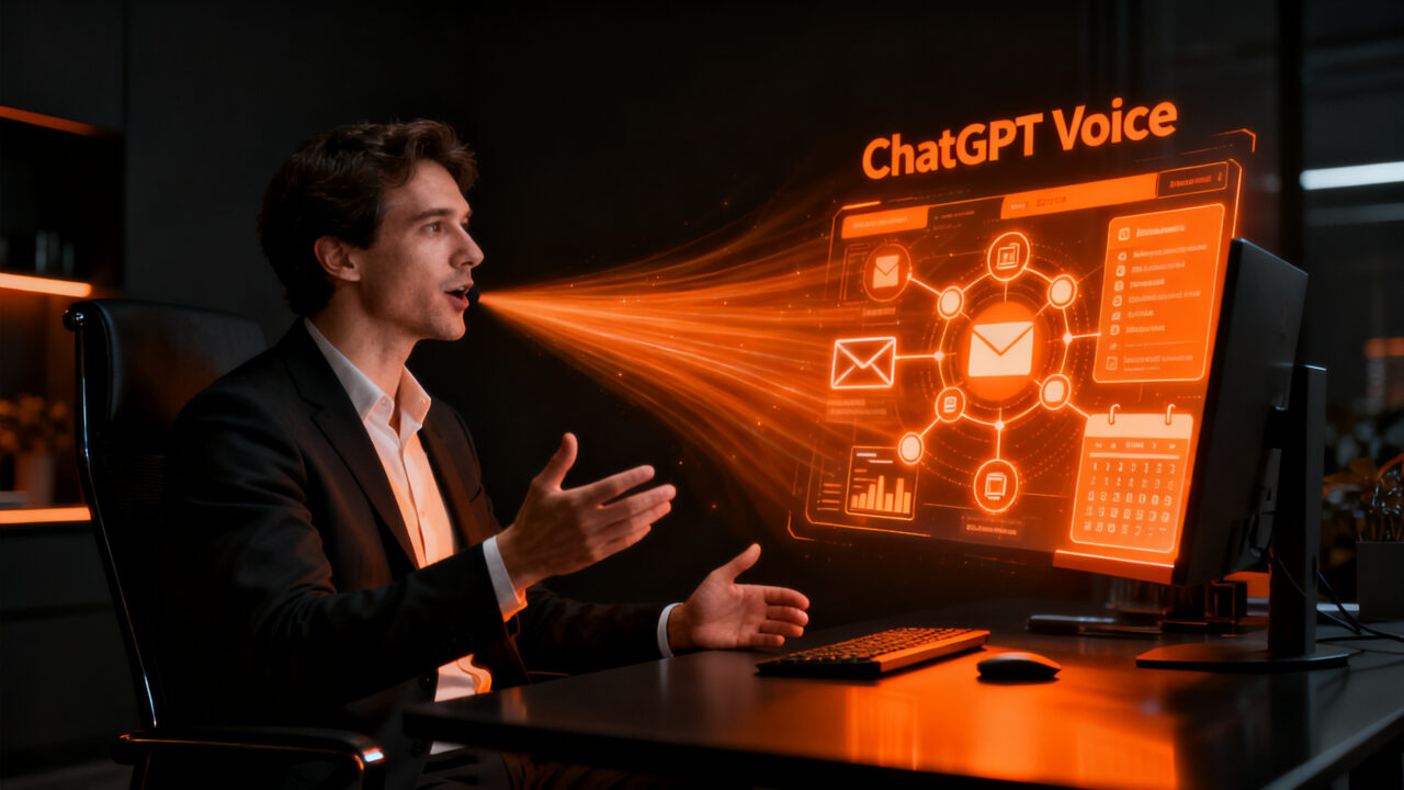ChatGPT Voice automatizando tareas de productividad empresarial mediante IA agéntica en un entorno de startup.