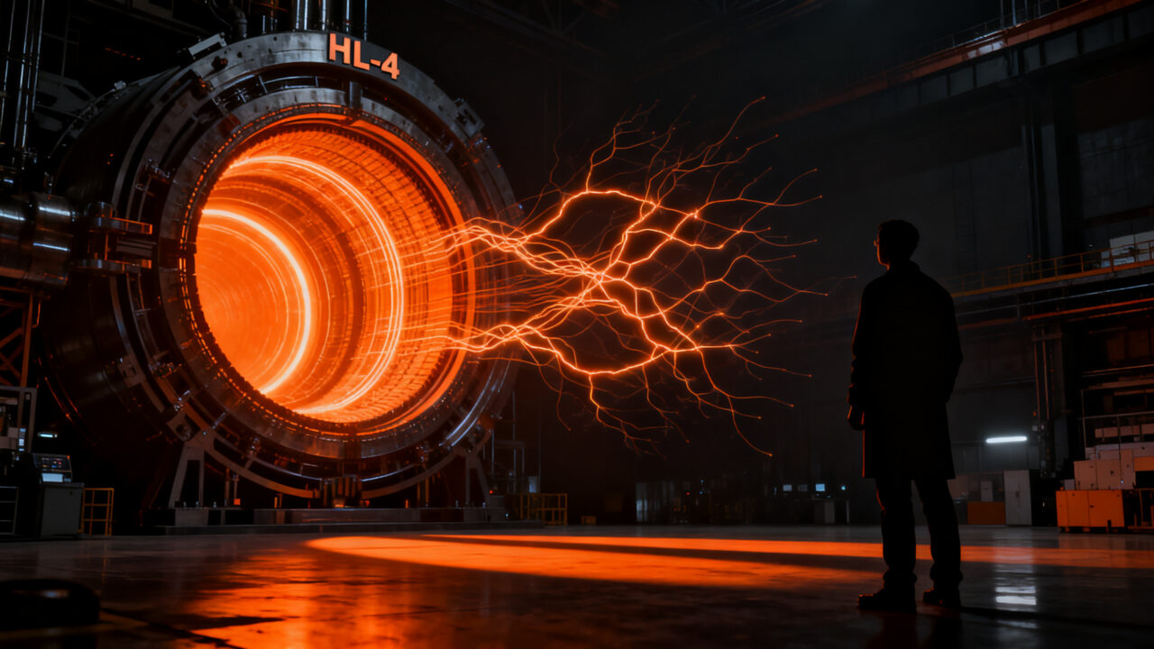 Científico frente al reactor tokamak HL-4 con superconductores HTS, simbolizando el futuro de la fusión nuclear y la energía limpia.
