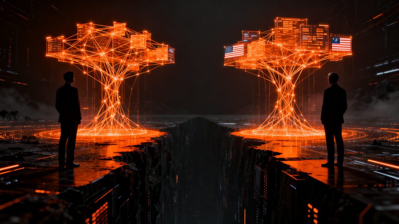 Competencia global en inteligencia artificial entre China y EEUU, ilustrada con siluetas tecnológicas y datos digitales.