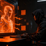 Ciberseguridad en cripto: un hacker con capucha interactuando con una red neuronal de IA maliciosa para robar wallets, representando el peligro de los falsos agentes de IA.