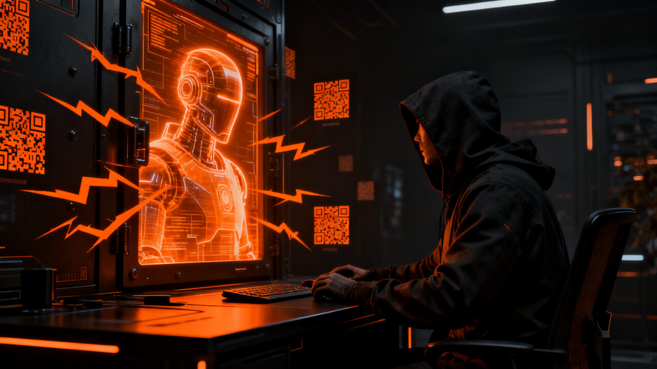 Ciberseguridad en cripto: un hacker con capucha interactuando con una red neuronal de IA maliciosa para robar wallets, representando el peligro de los falsos agentes de IA.