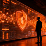 Ciberseguridad en Colombia: experto analizando red de defensa digital contra ciberataques, representando estrategias preventivas y automatización.
