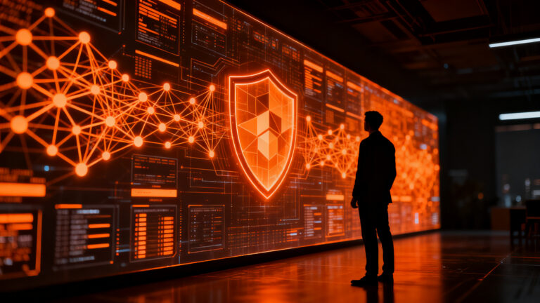 Ciberseguridad en Colombia: experto analizando red de defensa digital contra ciberataques, representando estrategias preventivas y automatización.
