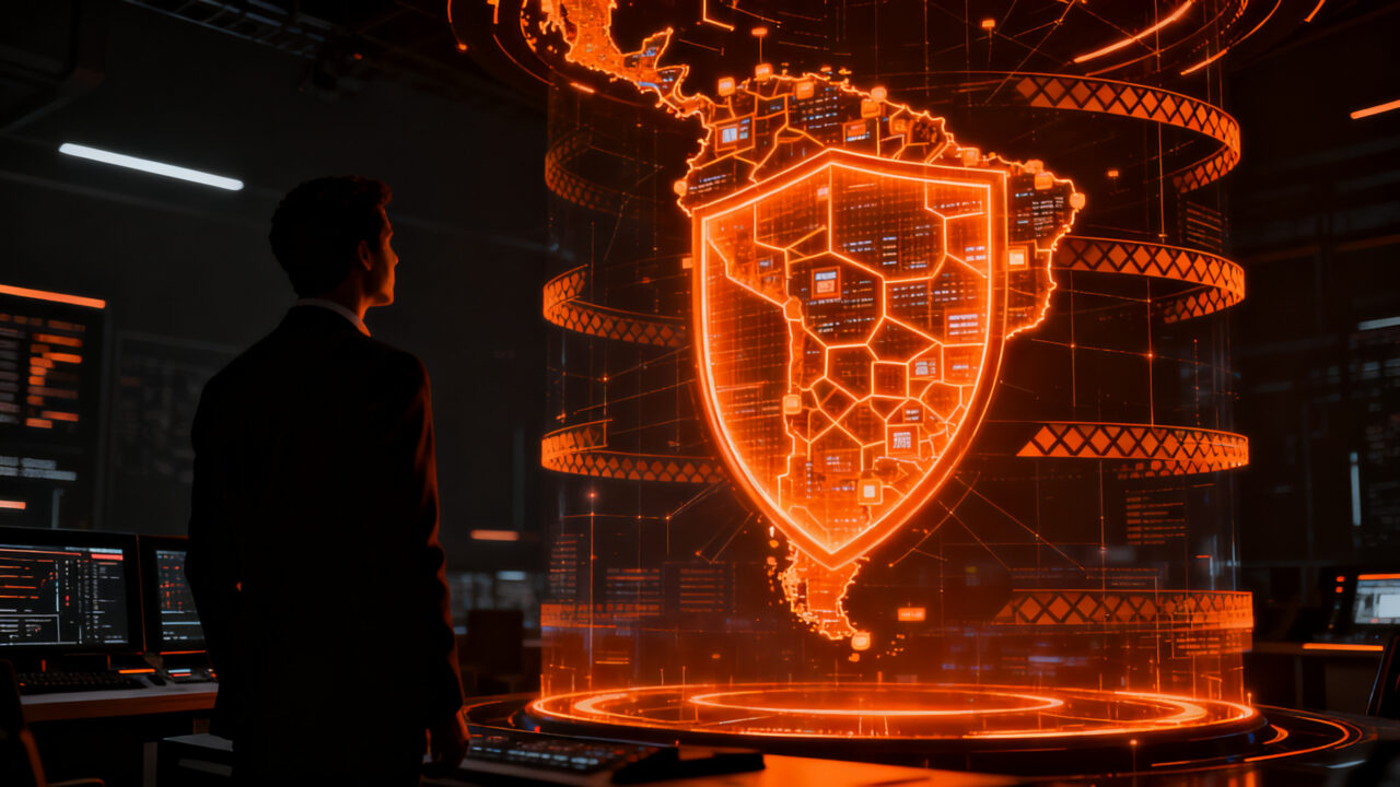 Empresario analizando una red de ciberseguridad digital, representando la inversión en protección para startups en LATAM.