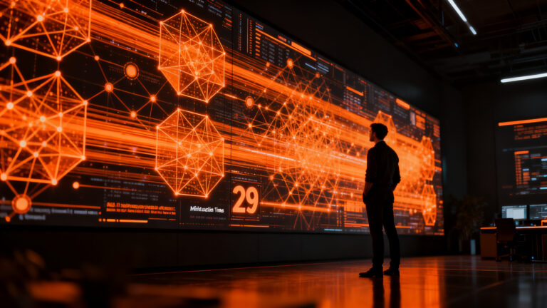 Estratega de ciberseguridad analizando amenazas de inteligencia artificial en un entorno digital de alto riesgo.