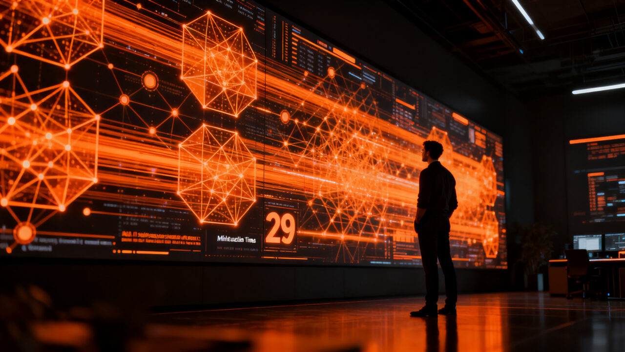 Estratega de ciberseguridad analizando amenazas de inteligencia artificial en un entorno digital de alto riesgo.