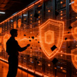 Estratega tecnológico protegiendo un ecosistema digital contra ciberataques, simbolizando la ciberseguridad en startups.