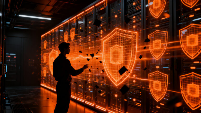 Estratega tecnológico protegiendo un ecosistema digital contra ciberataques, simbolizando la ciberseguridad en startups.