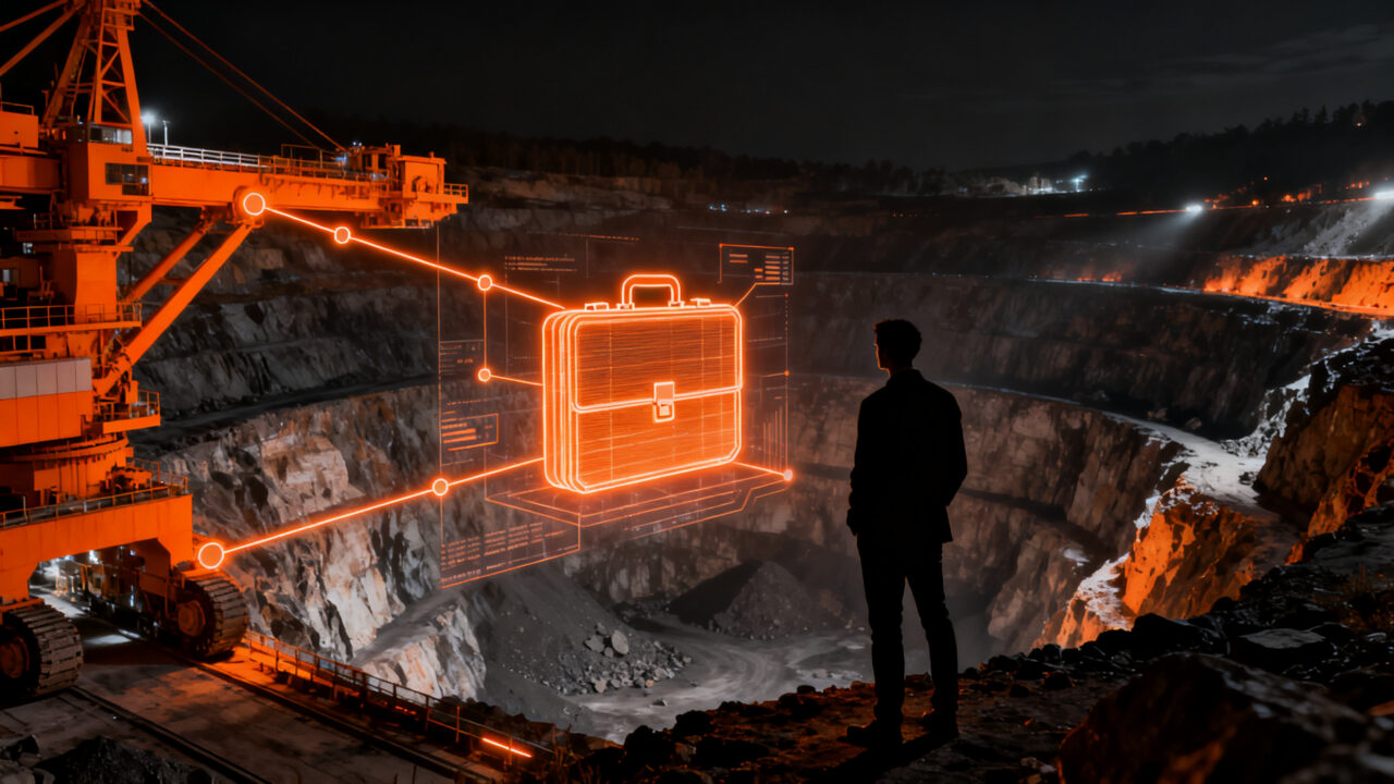 Emprendedor minero analizando un business case en un entorno de innovación tecnológica industrial.