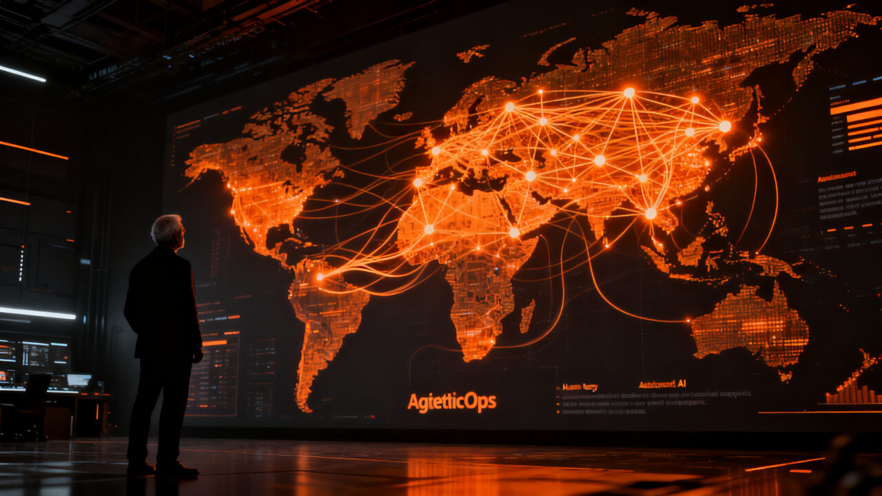 Representación visual de agentes de IA gestionando infraestructuras de red complejas en empresas, concepto de AIOps y automatización.