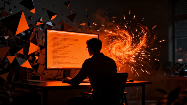 Un ingeniero de software frente a una pantalla oscura con errores de código, representando los riesgos de seguridad en agentes de IA autónomos.