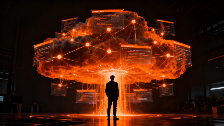Agente de inteligencia artificial coordinando flujos de trabajo paralelos en la nube, representando la orquestación multi-agente de Claude Code.