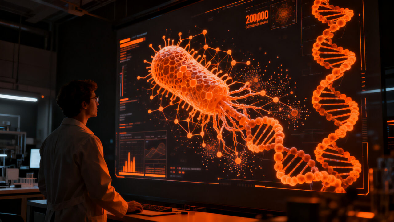 Investigador humano analizando descubrimiento científico de IA sobre bacteriófagos y transcriptasas.