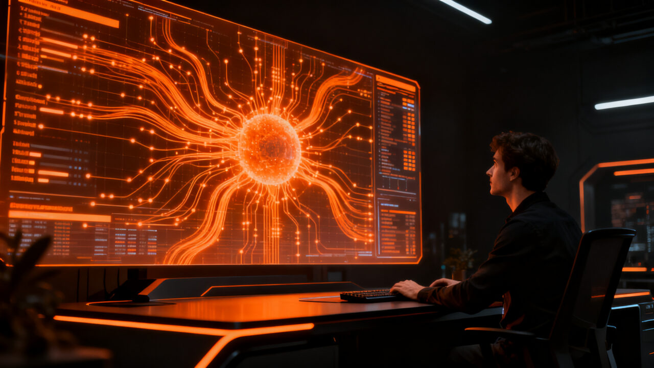 Silueta de un desarrollador analizando redes neuronales de inteligencia artificial, representando la eficiencia de costos y la potencia de Claude Fable 5.1.