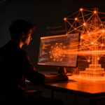 Un programador trabajando con inteligencia artificial avanzada Claude Sonnet 5.5, representando la eficiencia en coding agentivo y el futuro de la IA.