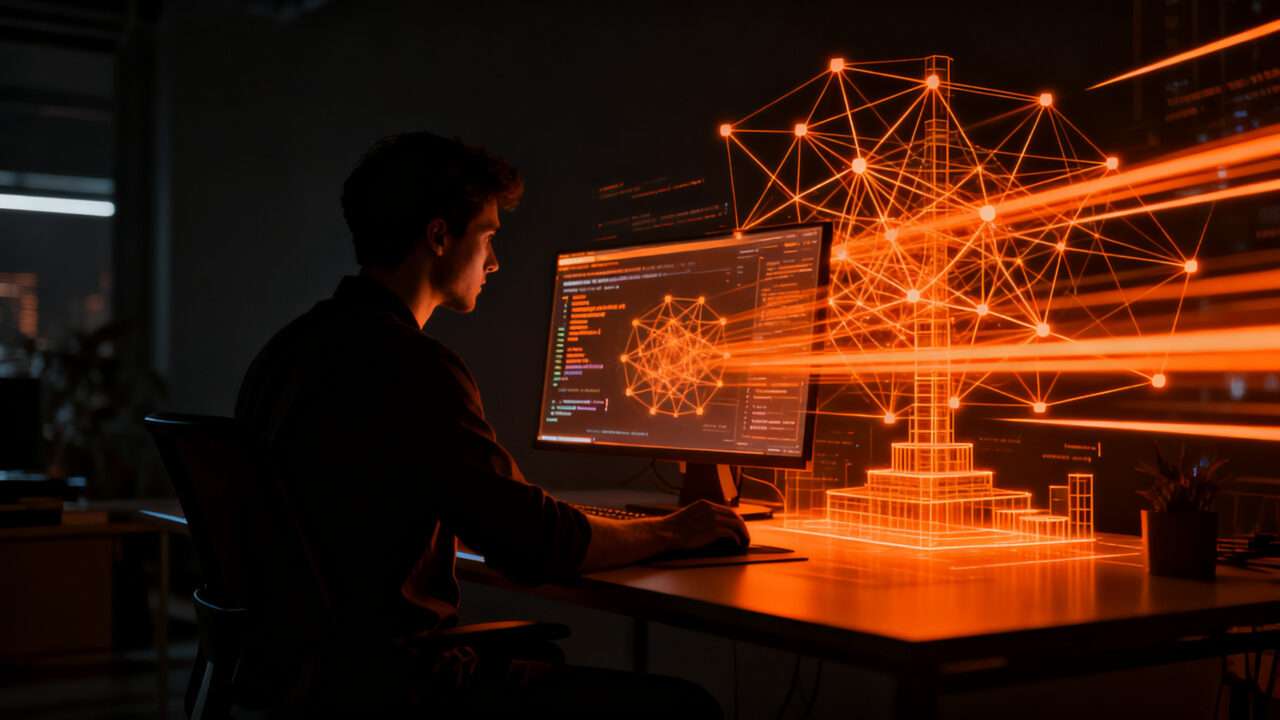 Un programador trabajando con inteligencia artificial avanzada Claude Sonnet 5.5, representando la eficiencia en coding agentivo y el futuro de la IA.