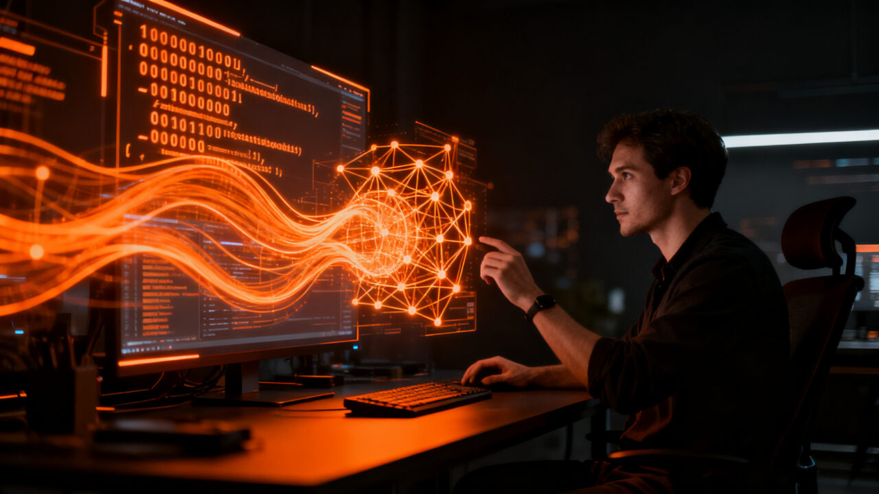 Desarrollador programando con agentes de IA, representando el lenguaje claudés y la productividad con Claude Code.
