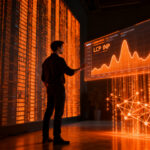 Ingeniero analizando métricas de rendimiento web LCP, INP y CLS en un dashboard de datos masivos para optimización de SaaS.