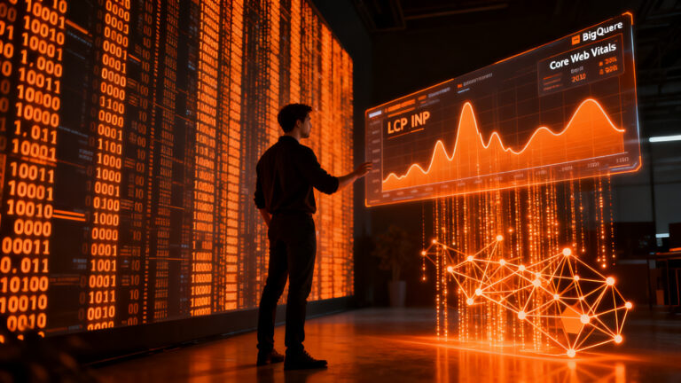 Ingeniero analizando métricas de rendimiento web LCP, INP y CLS en un dashboard de datos masivos para optimización de SaaS.