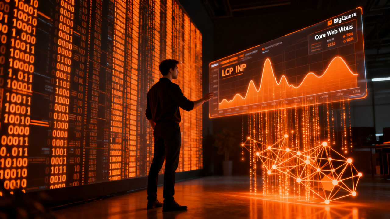 Ingeniero analizando métricas de rendimiento web LCP, INP y CLS en un dashboard de datos masivos para optimización de SaaS.