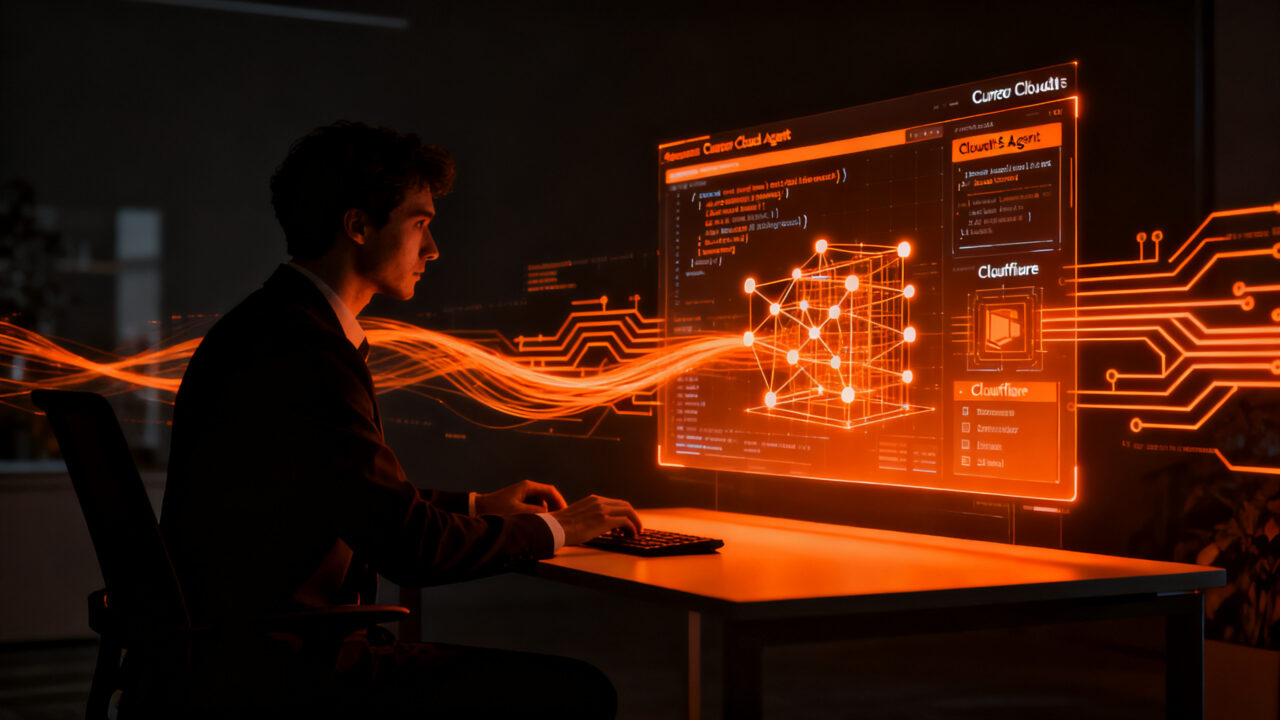 Desarrollador de software utilizando agentes de IA en un entorno de sandbox seguro, representando la integración de Cursor en Cloudflare.