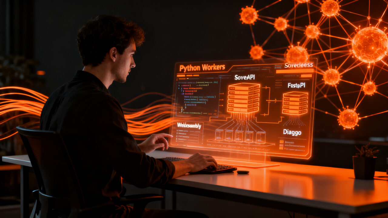 Desarrollador trabajando con Cloudflare Python Workers y WebAssembly para startups tecnológicas.
