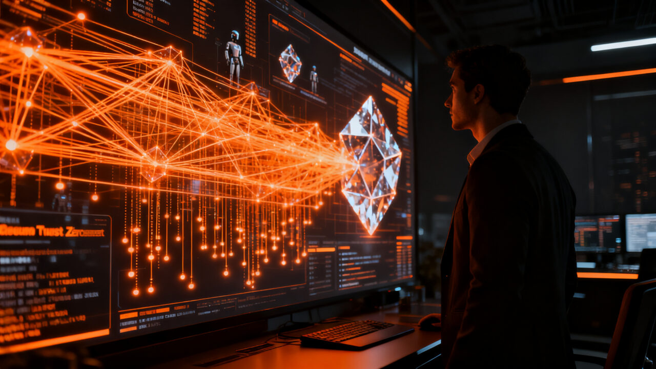 Agente de IA analizando amenazas de ciberseguridad en una red digital, concepto de Cloudflare Threat Signals para startups.