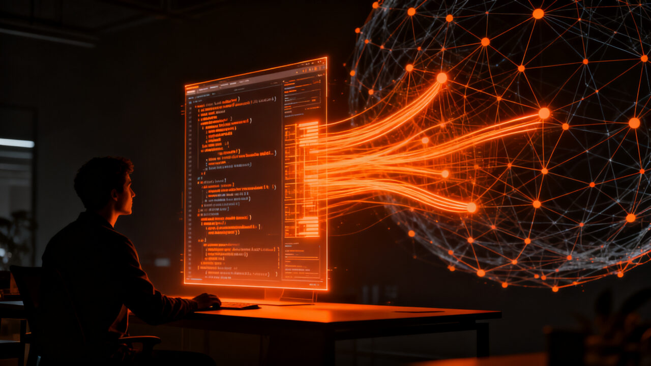 Agente de IA analizando datos en una interfaz oscura, representando el prompt oculto de Codex y la seguridad de datos.