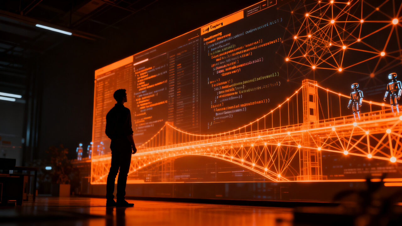 Ingeniero de software revisando código generado por agentes de IA en un entorno de desarrollo tecnológico, representando la gestión de calidad y cultura de ingeniería.