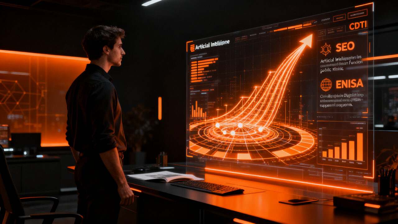 Profesional analizando estrategias de IA y financiación pública en una oficina tecnológica, representando la transformación digital de pymes.