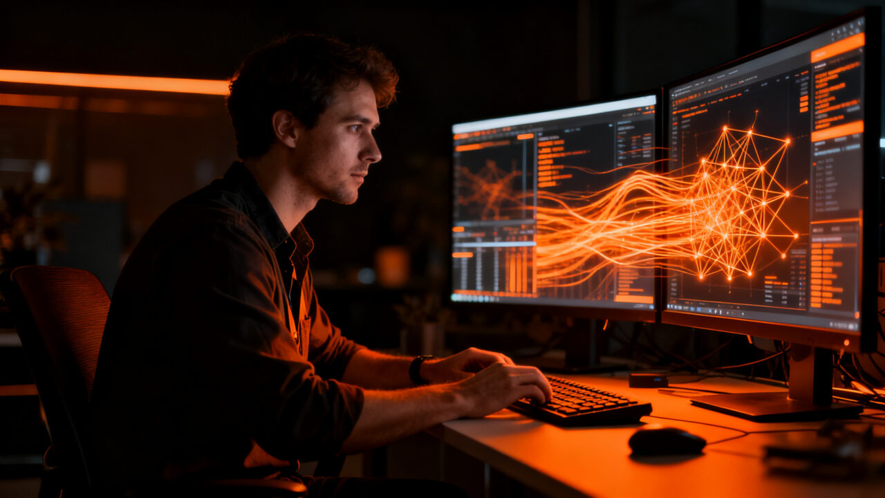 Ingeniero de software trabajando en una plataforma de IA para cobros de deuda en una oficina moderna, representando una oportunidad de empleo en CollectWise.