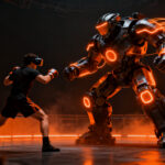 Combate de MMA entre un humano y un robot controlado por VR, representando la nueva era del entretenimiento deportivo tecnológico.