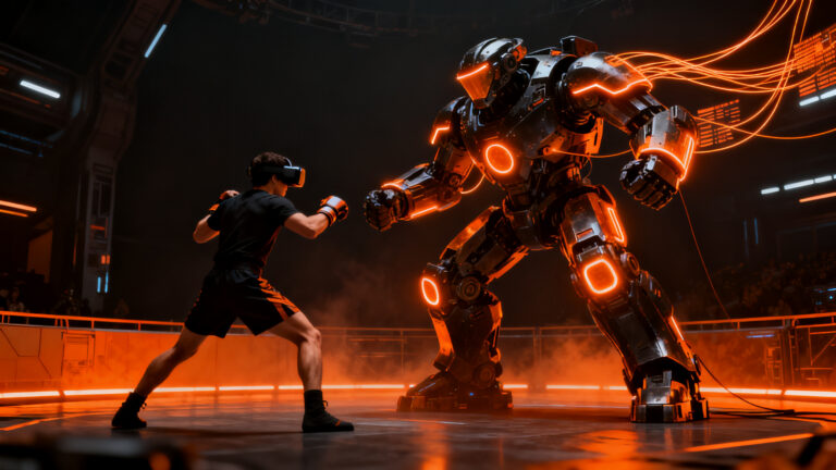 Combate de MMA entre un humano y un robot controlado por VR, representando la nueva era del entretenimiento deportivo tecnológico.