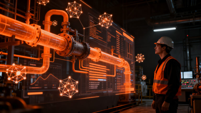 Ingeniero petrolero utilizando IA y sensores digitales para monitorear producción de crudo en tiempo real, representando la transformación digital en el sector hidrocarburos.