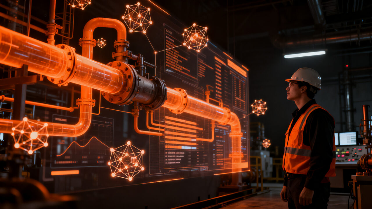 Ingeniero petrolero utilizando IA y sensores digitales para monitorear producción de crudo en tiempo real, representando la transformación digital en el sector hidrocarburos.