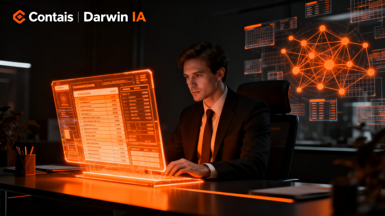 Un contador analizando datos financieros complejos con inteligencia artificial, representando la automatización contable y la eficiencia empresarial.