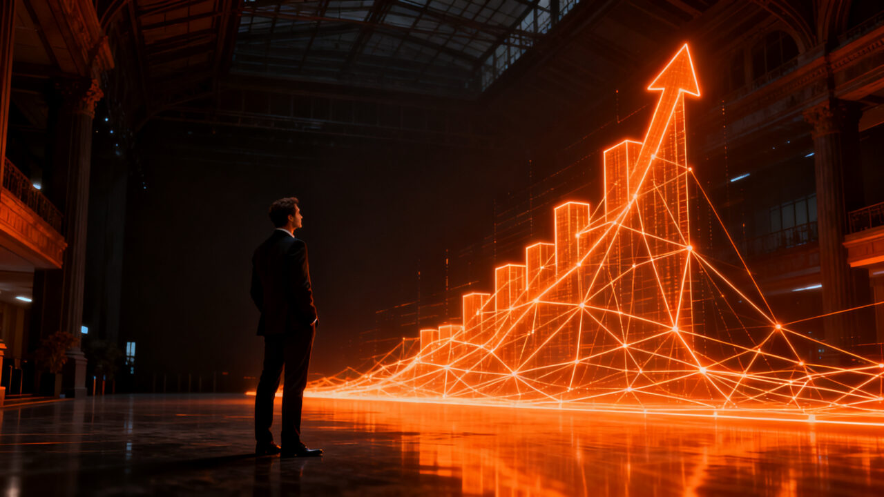 Un founder analizando una estructura compleja de datos financieros, representando el valor estratégico de la confianza en el ecosistema startup.