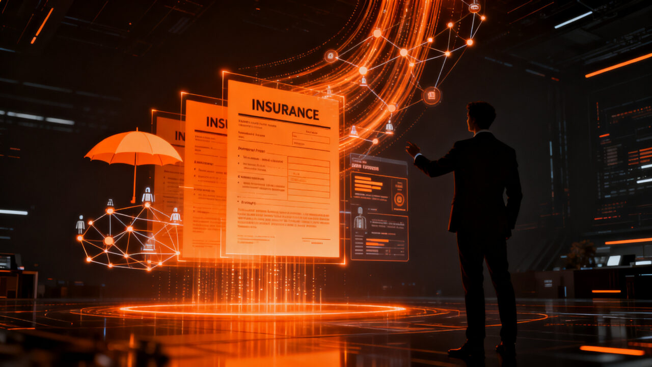 Agente de inteligencia artificial gestionando seguros complejos, representando la automatización insurtech de Coverage Cat.