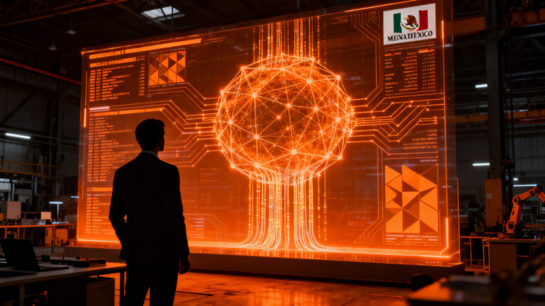 Crecimiento de ofertas de empleo con IA en México, representando la reconfiguración del mercado laboral y la automatización industrial.