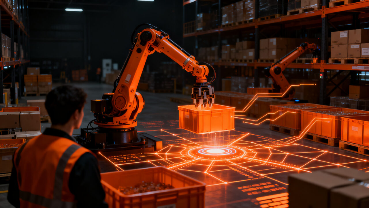 Robot logístico automatizado en un almacén inteligente, representando el crecimiento del picking robótico y la automatización industrial.