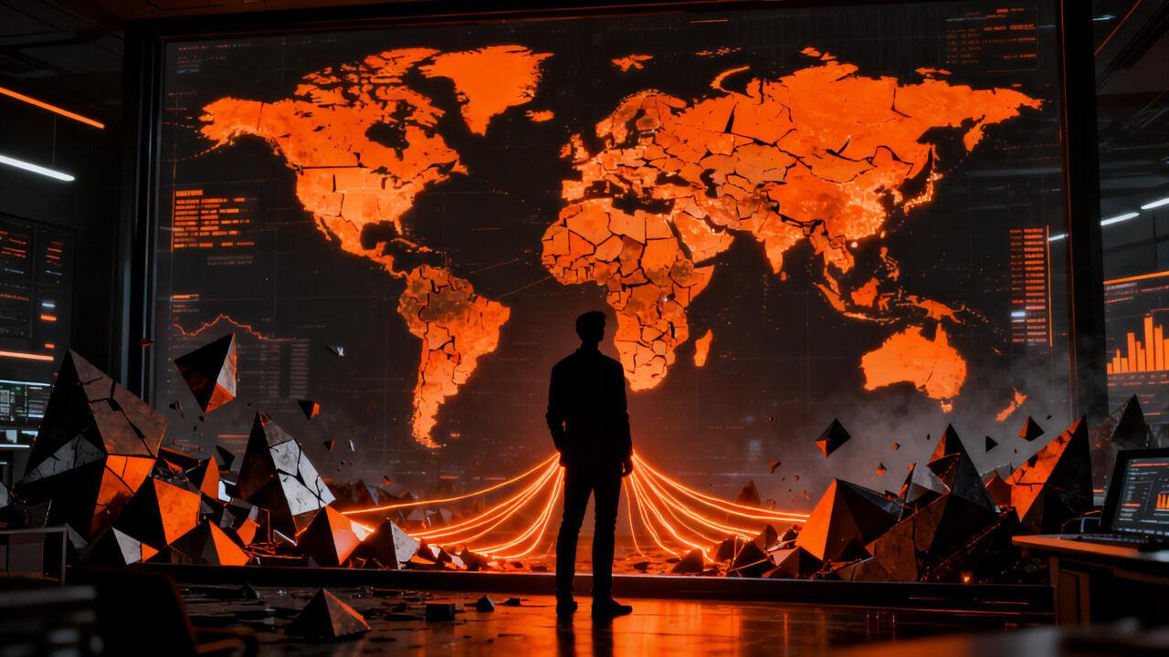 Fundador de startup analizando gráficos de crisis económica global y volatilidad de mercado en 2026.