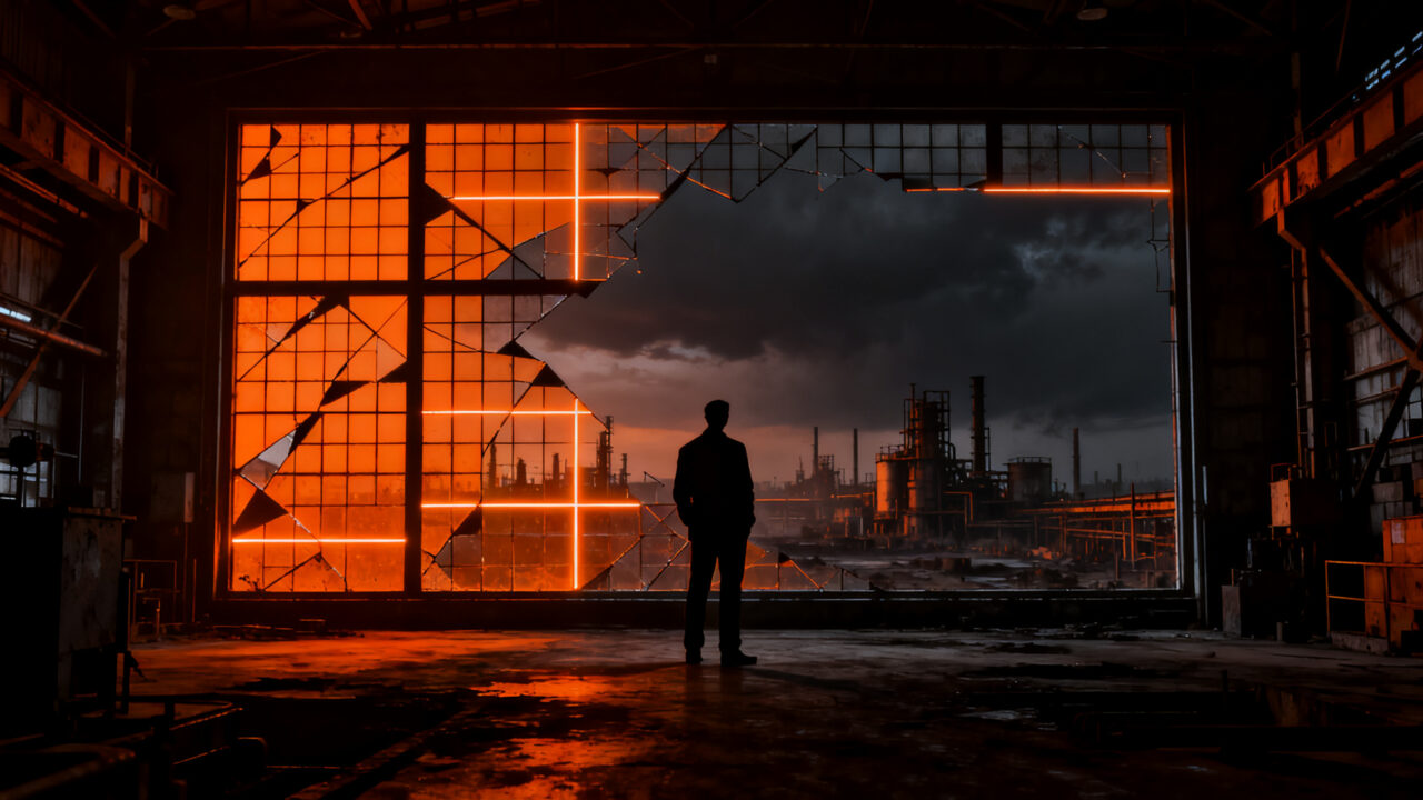 Crisis industrial en Argentina: silueta de empresario frente a fábricas inactivas, representando la caída del sector y la pérdida de empleo.