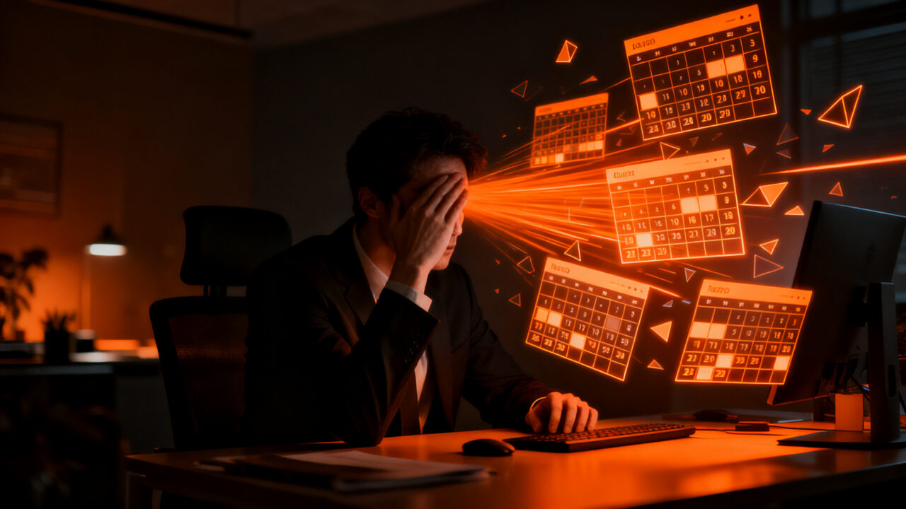 Empleado estresado bloqueando su calendario laboral, representando la crisis de productividad y el agotamiento en la cultura organizacional.