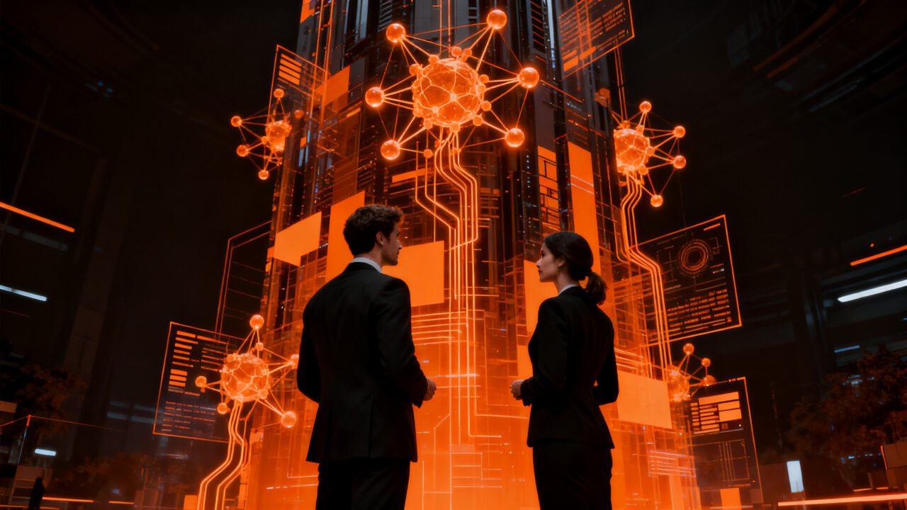 Dos figuras silueteadas analizando redes neuronales complejas, representando la crítica ética a la IA de OpenAI y Anthropic.