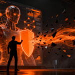 Ciberseguridad avanzada con CrowdStrike Falcon Guardian protegiendo agentes de IA frente a intentos de robo de credenciales.