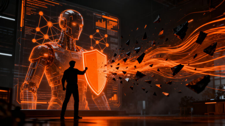 Ciberseguridad avanzada con CrowdStrike Falcon Guardian protegiendo agentes de IA frente a intentos de robo de credenciales.