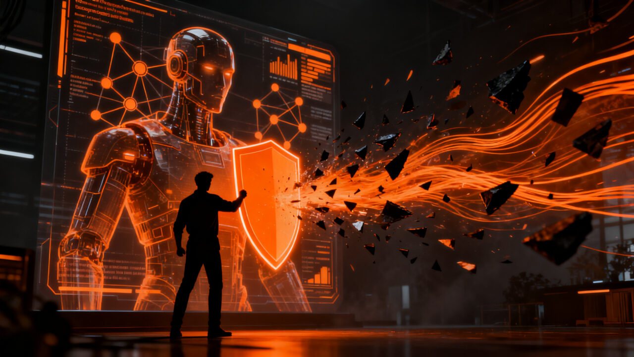 Ciberseguridad avanzada con CrowdStrike Falcon Guardian protegiendo agentes de IA frente a intentos de robo de credenciales.