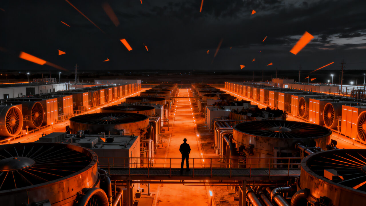 Infraestructura de centro de datos de IA con turbinas energéticas, representando la ruptura de acuerdos tecnológicos entre Crusoe y Boom Supersonic.
